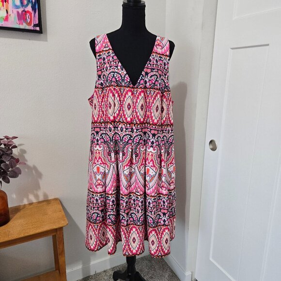 Vince Camuto GeoPrint Pink Orange Sleeveless Fit/Flare Dress Sz 22W Plus Easter - Picture 1 of 10